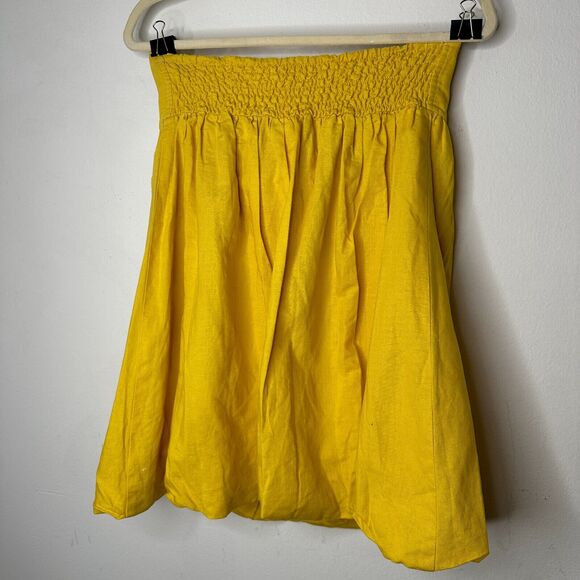 Yellow Linen Sleeveless Blouson Blouse Mini Dress Bead Bow Tie Front S - Picture 11 of 13